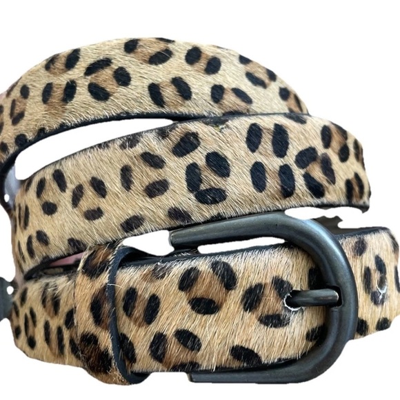 Leather Calf Hair Belt in Leopard Print Women’s Sz M 1” Pewter Buckle 35”-39”